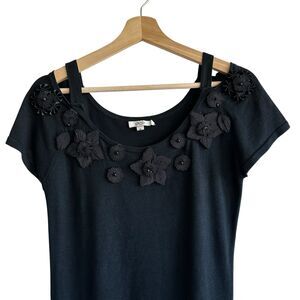 Cachè Sweater Black Sz M VTG Flower Appliqué Short Sleeves Whimsigoth